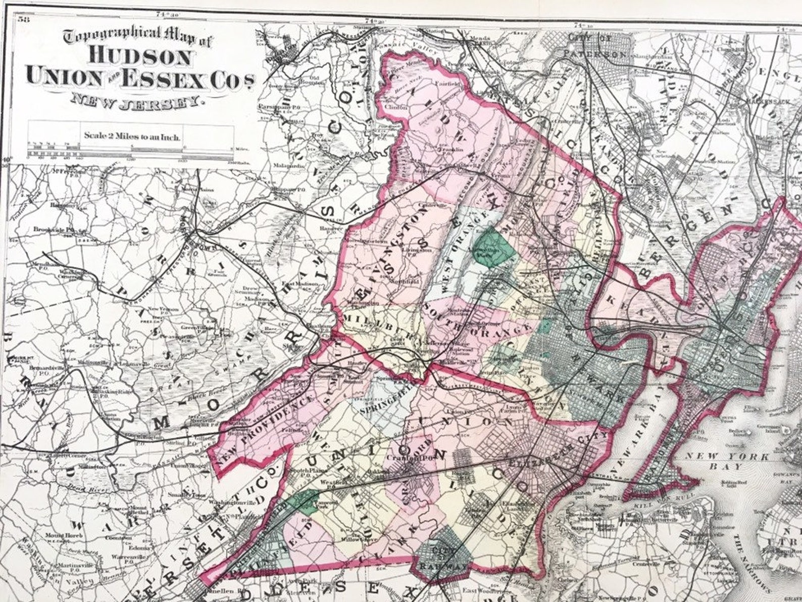 Hudson County Map Original 1872 New Jersey Atlas Union Etsy