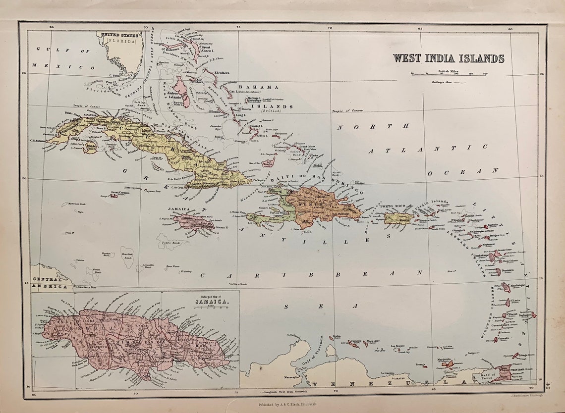 Bahamas Map West India Islands Original 1875 Blacks Atlas - Etsy
