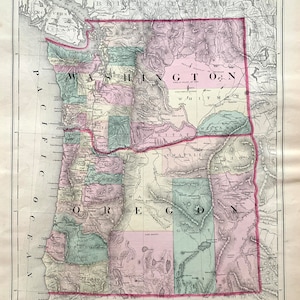 Washington State map, Original 1874 Grays Atlas, Oregon map, Pacific Northwest, Seattle