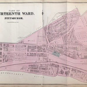 May include: Antique map of the Fourteenth Ward of Pittsburgh, Pennsylvania, with streets, buildings, and the Monongahela River. The map includes the text "Part of Fourteenth Ward, Pittsburgh" and "Scale 200 feet per inch."