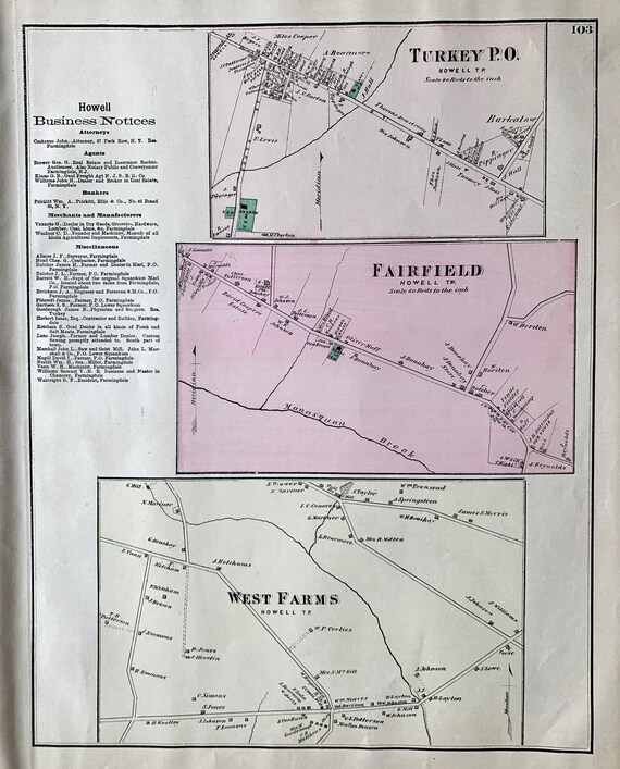 Howell Township Map Original 1873 Monmouth County New Jersey Etsy