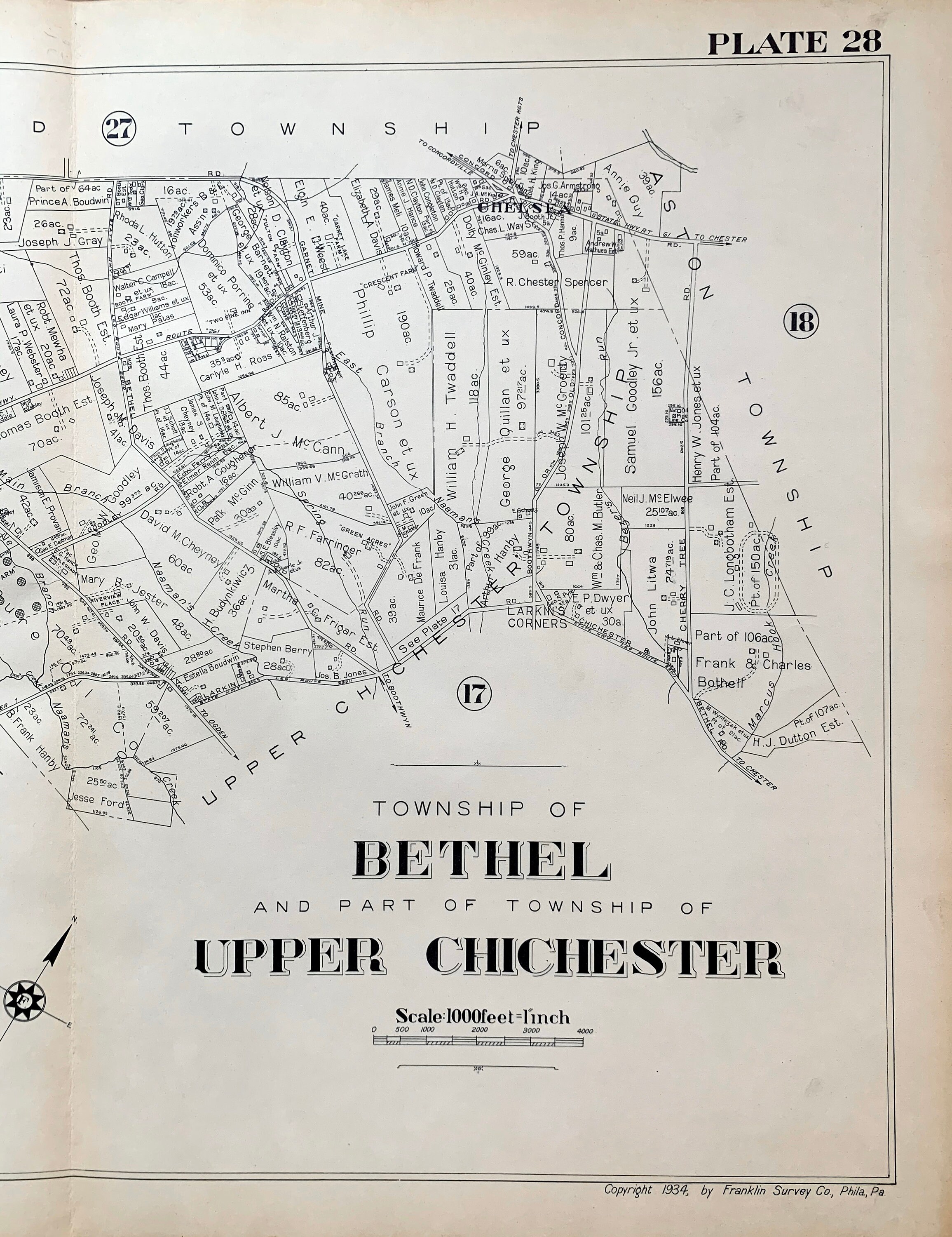 Bethel Township Map, Upper Chichester Map, Original 1934 Delaware