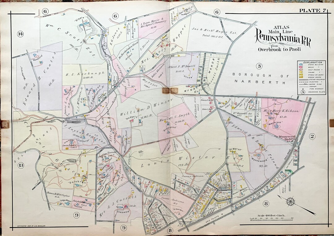 1908 Wynnewood Map, Ardmore Map, Original Hand Colored, Overbrook to Paoli Atlas, Lower Merion
