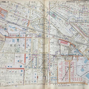 May include: A vintage map of the Main Line, Vol. 2, showing the Tredyffrin and Easttown Townships in Delaware County, Pennsylvania. The map includes street names, property boundaries, and other details. The scale is 200 feet to the inch.
