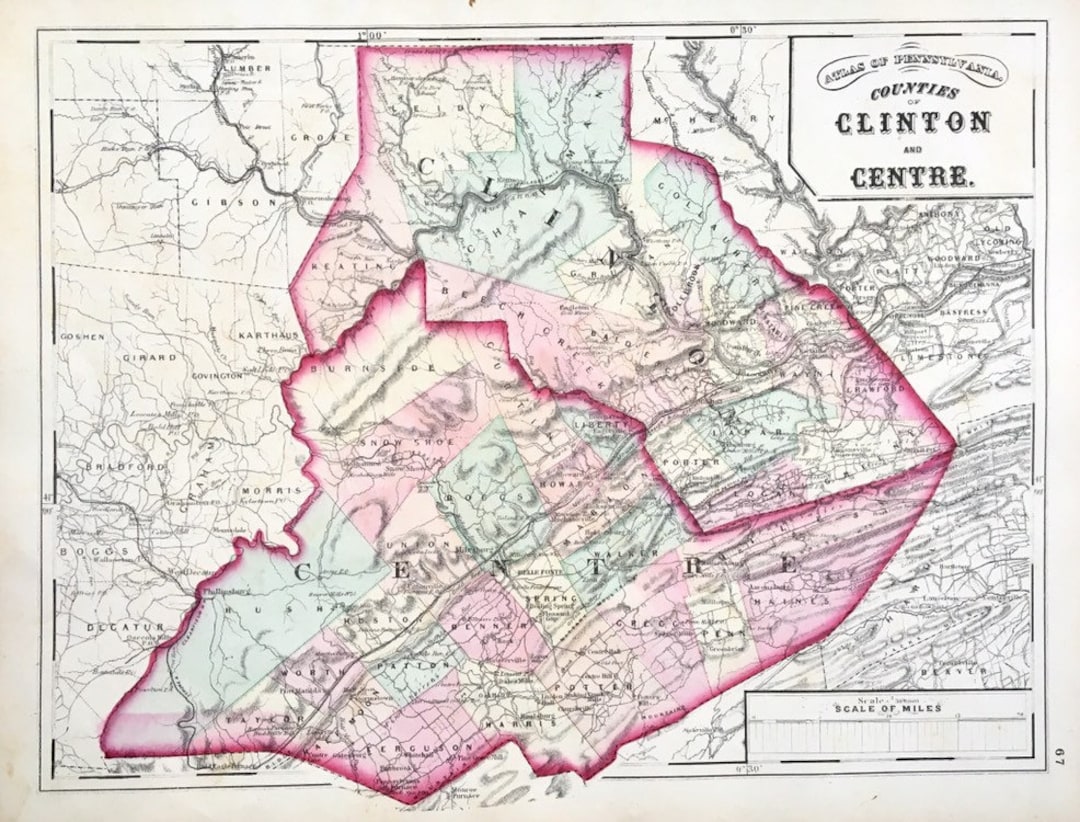 Clinton County Pennsylvania Map, Original 1872 Centre County, Framable