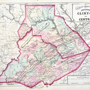 Clinton County Pennsylvania map, Original 1872 Centre County, framable