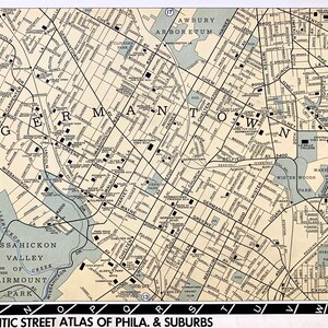 May include: A vintage map of Germantown, Philadelphia, Pennsylvania, showing streets, parks, and landmarks. The map is printed on cream-colored paper with black lines and text. The map is titled "Authentic Street Atlas of Phila. & Suburbs" and includes the page number "39".
