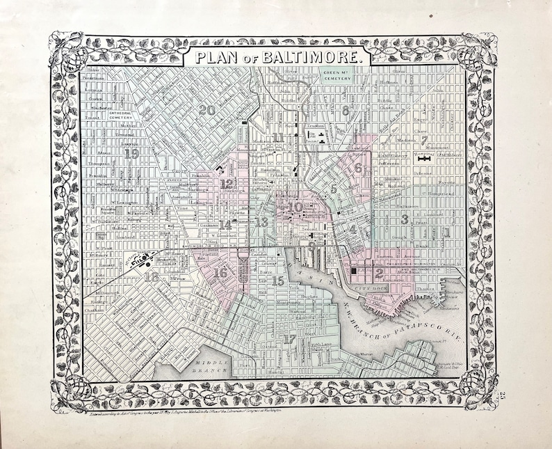 Plan of Baltimore Map, Original 1874 Mitchells Atlas, Baltimore ...