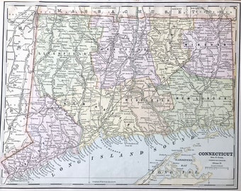 Antique Connecticut Map, Original 1895 Cram’s Atlas Map, Long Island Sound, Long Island, Hartford, Litchfield, Fairfield, New London