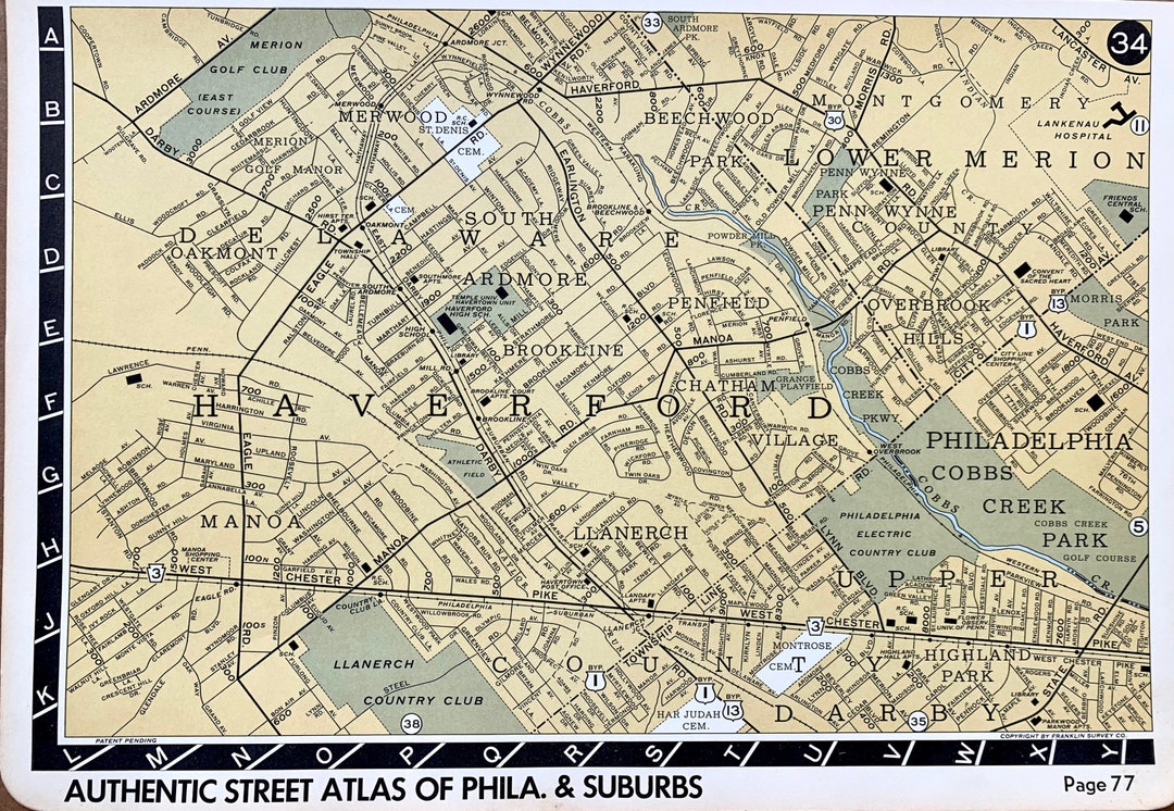 Haverford Map, Original 1951 Franklin Survey Atlas, Llanerch, Merion ...