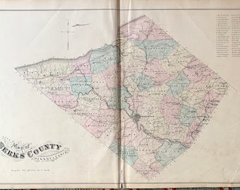 Berks County Map, Original 1876 Berks County Atlas, Reading, Boyertown, Kutztown, Hand colored