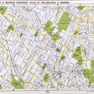 May include: A vintage map of Philadelphia and its suburbs, showing street names and landmarks. The map is printed in black and white with yellow lines for streets and green areas for parks. The map is titled "Franklin's Street & Business Occupancy Atlas of Philadelphia & Suburbs" and is labeled "Map No. 18".