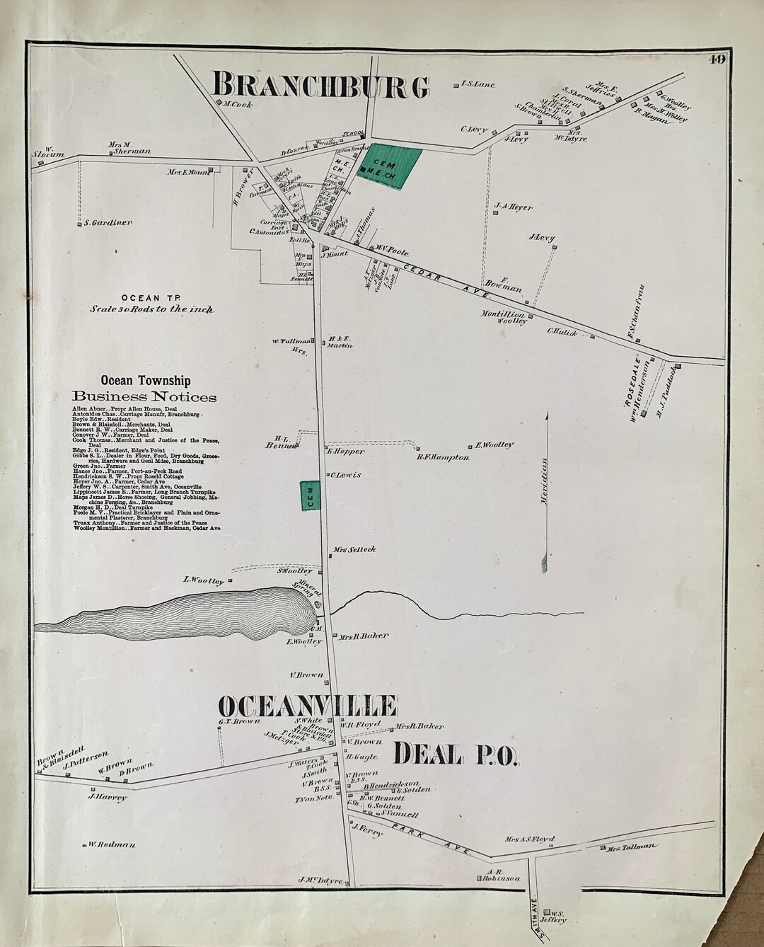 Branchburg Map, Original 1873 Monmouth County, New Jersey Atlas, Deal