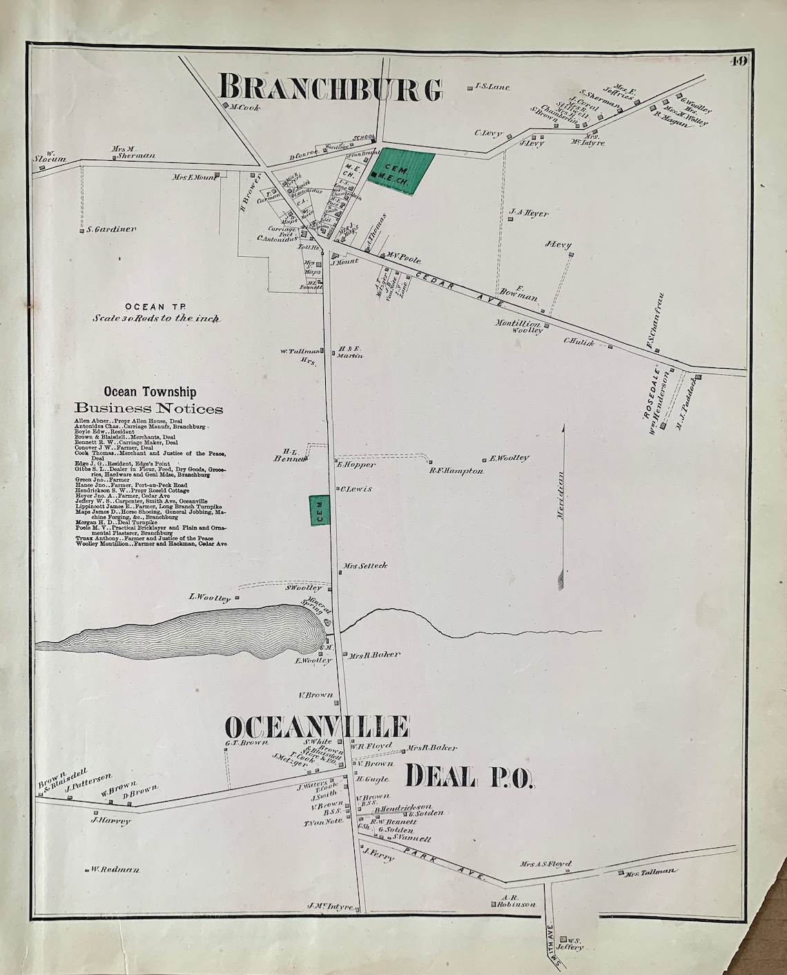 Branchburg Map, Original 1873 Monmouth County, New Jersey Atlas, Deal
