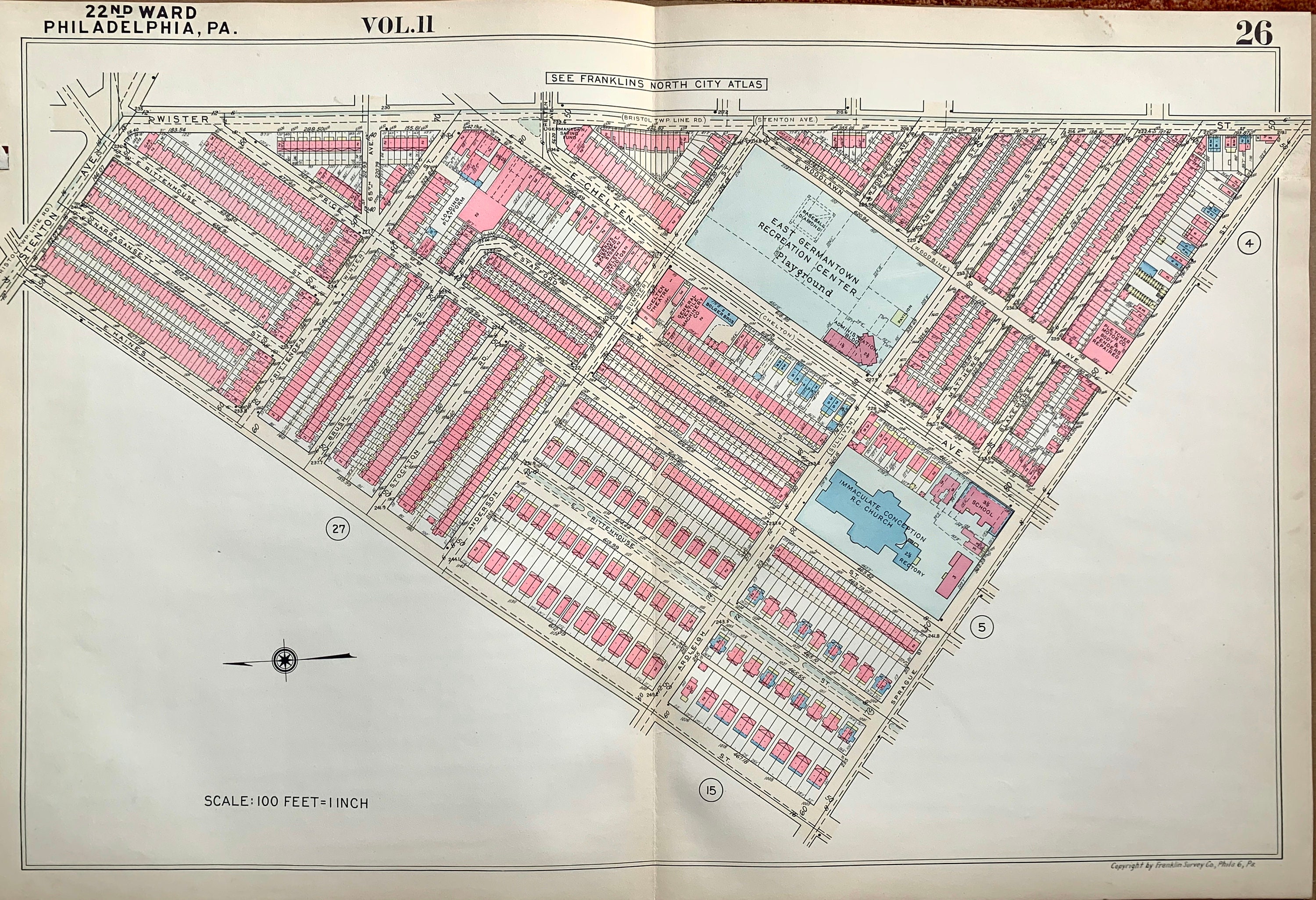 Germantown Map, Original 1955 City of Pennsylvania Atlas Map, East Germantown Recreation Center 