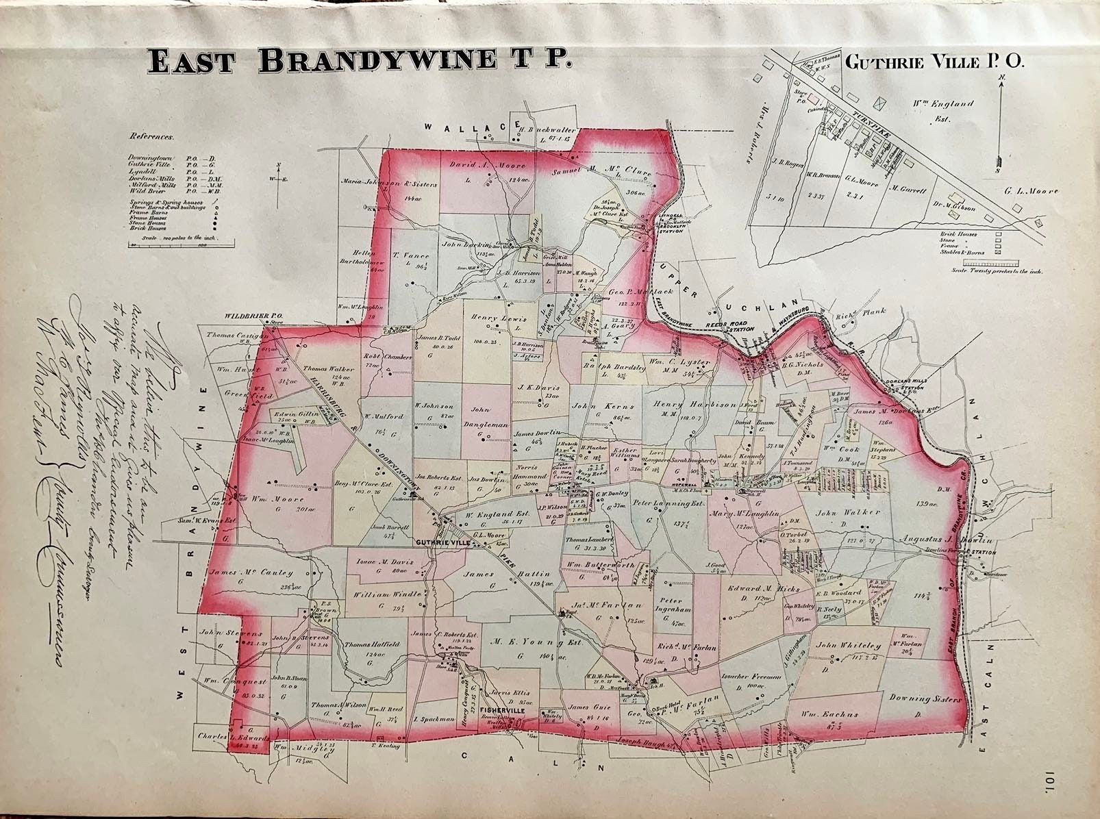 East Brandywine Township Map, Original 1883 Chester County Pennsylvania Farm Atlas