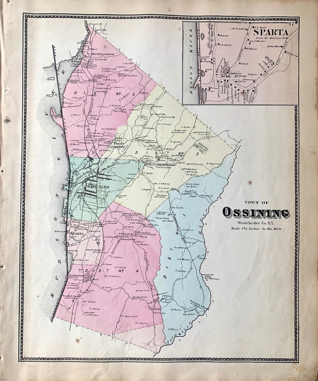 Mapa de Ossining, mapa original de 1875 coloreado a mano, condado de