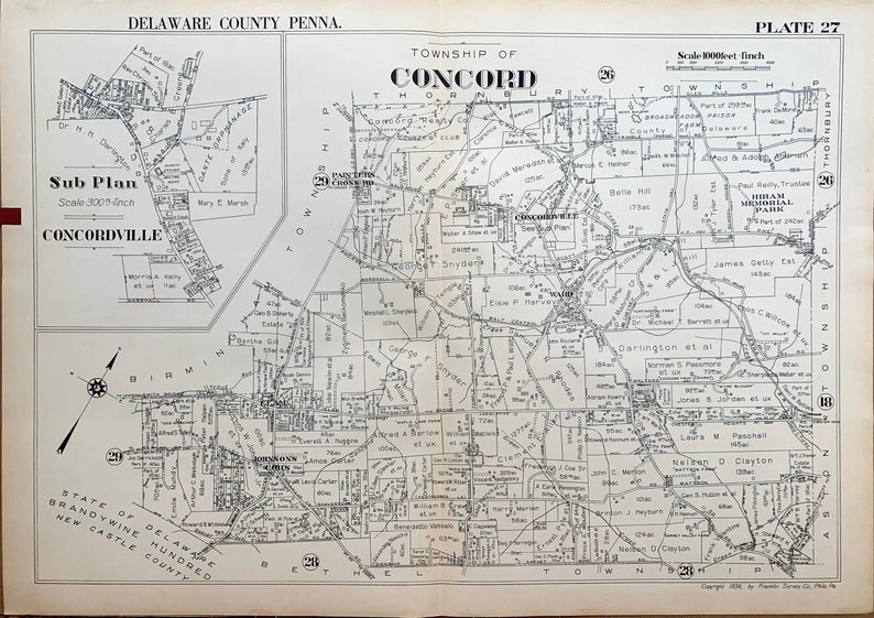Concord Township Map Original 1934 Delaware County Pa Atlas - Etsy