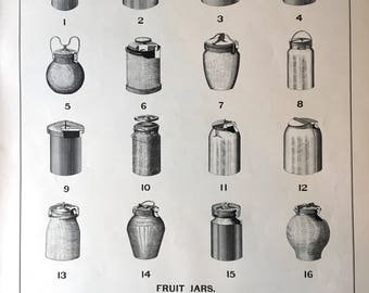 Antique Fruit Jars print, Original 1892 Lithograph, Growth of Industrial Art, antique metal packing and storing cans