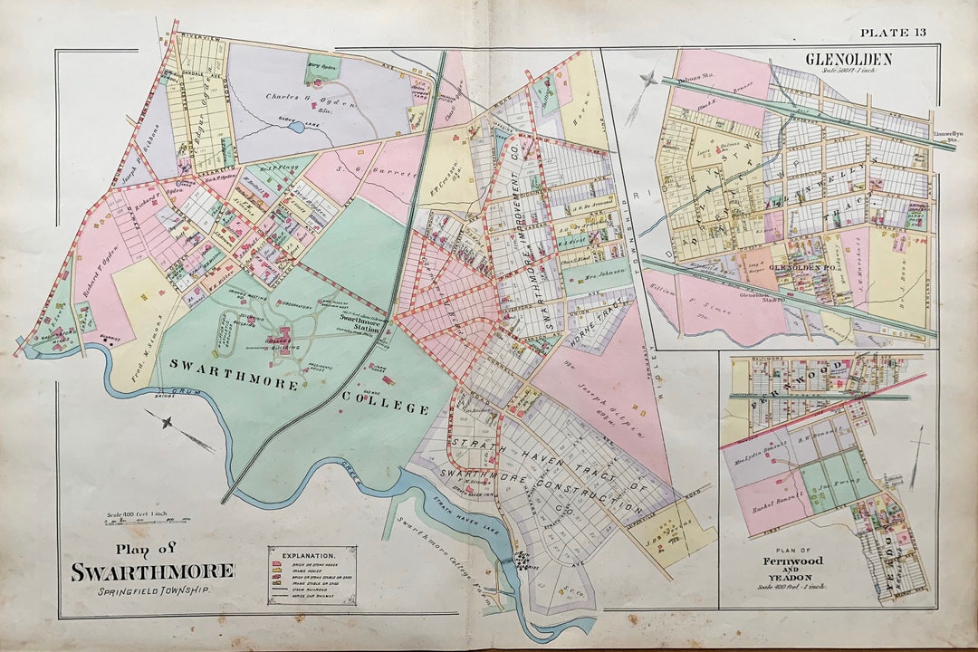 1892 Swarthmore Map, Original Hand Colored Map, Delaware County Atlas