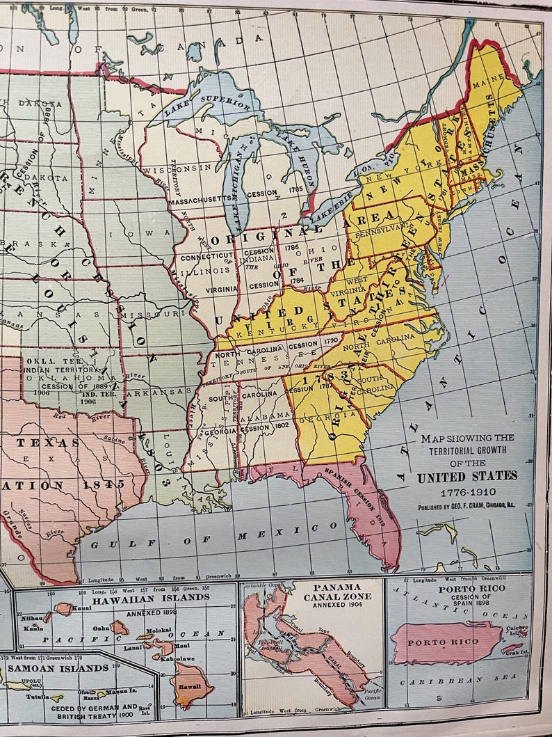 Territorial Growth of the United States Map, Original 1900 Crams Atlas ...