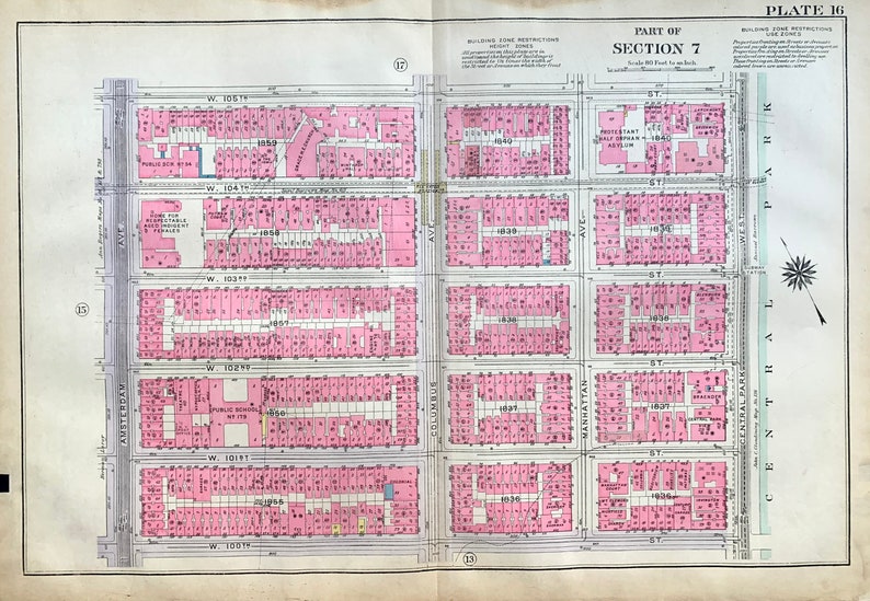 Upper West Side Map Original 1930 Manhattan Borough Atlas New York City Etsy 