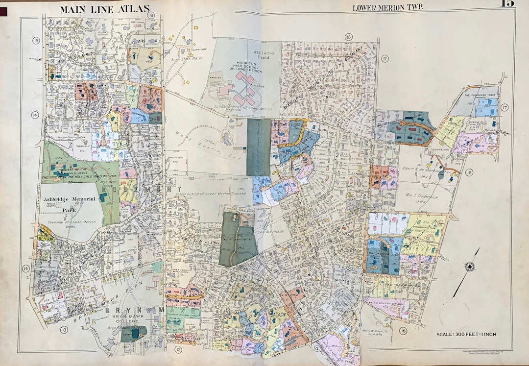 Bryn Mawr Map, Original 1961 Pennsylvania Main Line Railroad Atlas