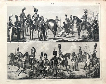 British and Belgian Calvary, Original 1851 German Iconographic Encyclopedia print, Military Sciences, Soldiers