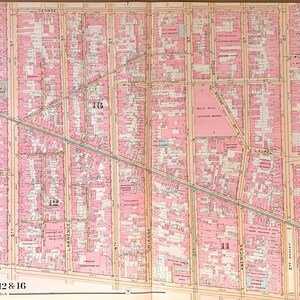 May include: A vintage map of Philadelphia, Pennsylvania, showing the layout of streets and blocks in Wards 11, 12, 8, and 16. The map is printed in black and white with pink shading for the blocks. The map is labeled "Plate 8" in the upper right corner.