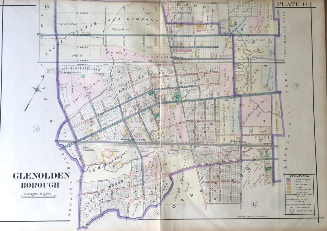 1909 Glenolden Borough Original Hand Colored Delaware County Etsy