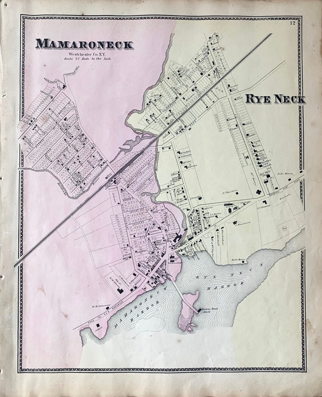 Mamaroneck Map, Rye Neck Map, Original 1867 Antique Hand Colored Map