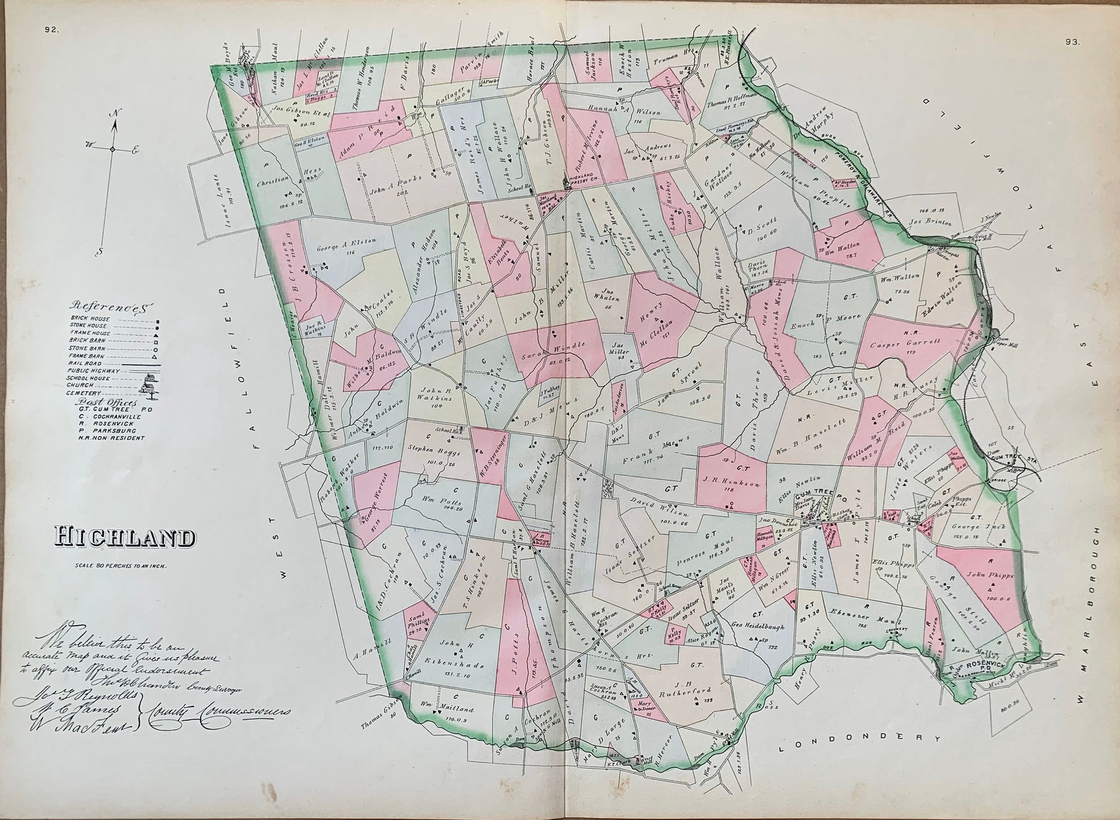 Highland Township Map, Original 1883 Chester County Pennsylvania Farm 