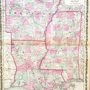 Arkansas, Mississippi, and Louisiana map, Original 1863 Johnsons atlas