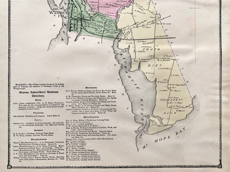 Warren Rhode Island Map Original 1870 State of Rhode Island Etsy