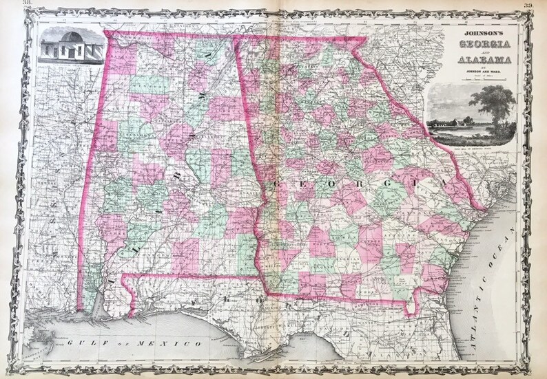 1863 Map of Georgia and Alabama original hand Colored | Etsy