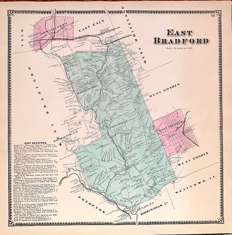 East Bradford Map, Original 1873 Chester County Atlas, West Chester