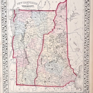 New Hampshire map, Original 1874 Mitchells Atlas, Vermont Map, Mount Washington