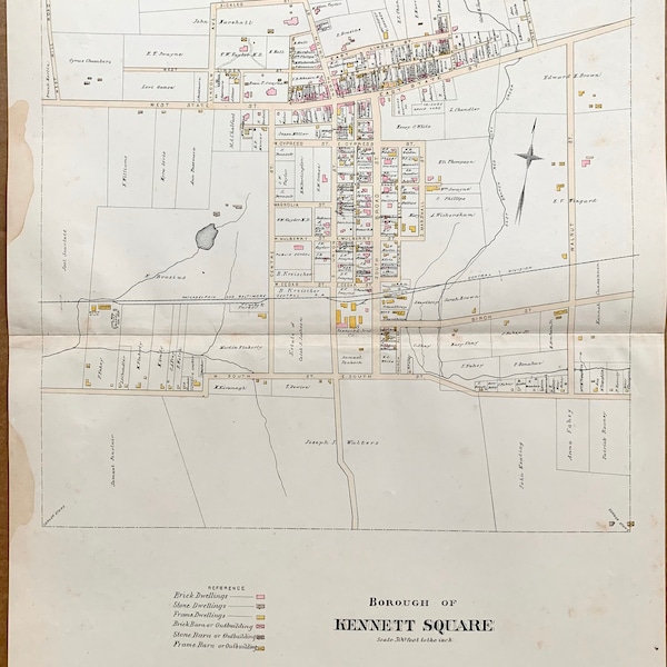 Kennett Square Borough Map, Original 1883 Chester County Pennsylvania Farm atlas, Hand Colored, Antique Kennett Square map