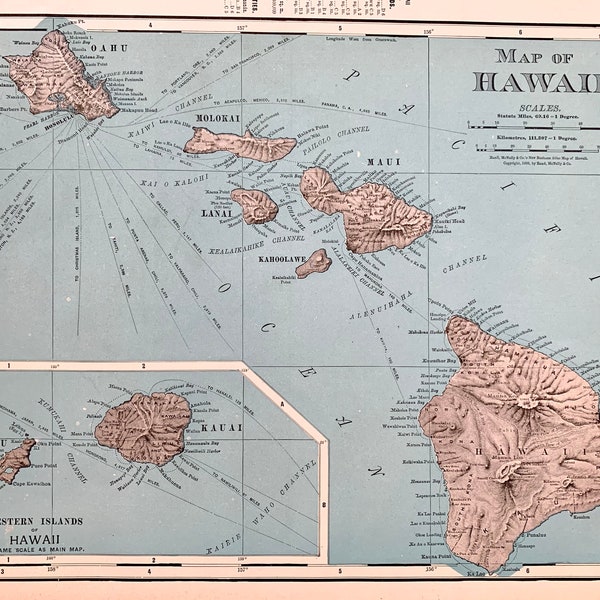 Hawaii Map, Original 1900 Rand McNally Atlas, Oahu, Maui, Honolulu, Hawaiian Islands