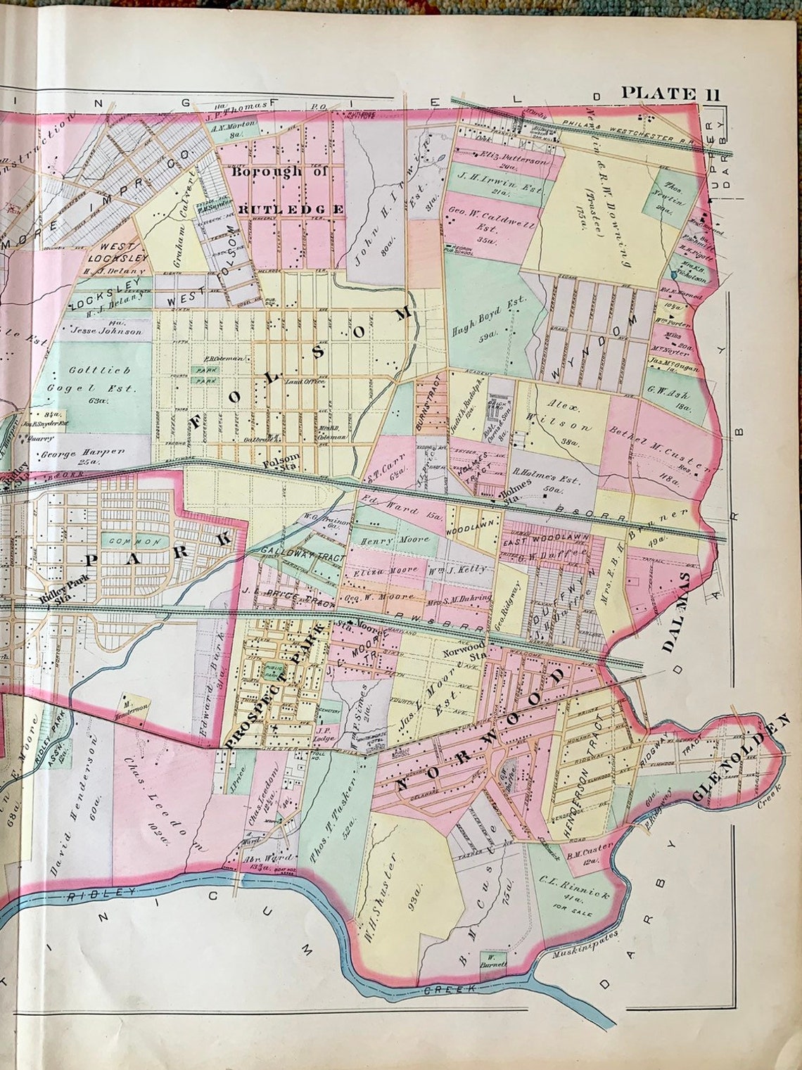 1892 Ridley Township Map Original Hand Colored Map Delaware Etsy
