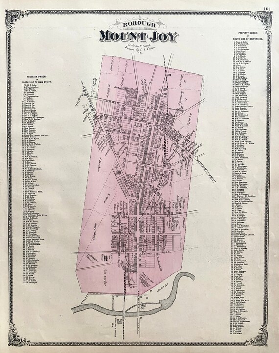 Mount Joy Borough Map Original 1875 Lancaster County Atlas Etsy