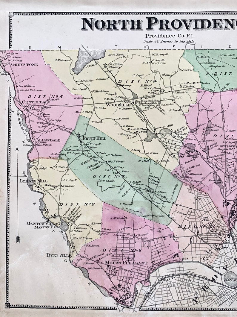 North Providence Map, Original 1870 Rhode Island Atlas, Providence