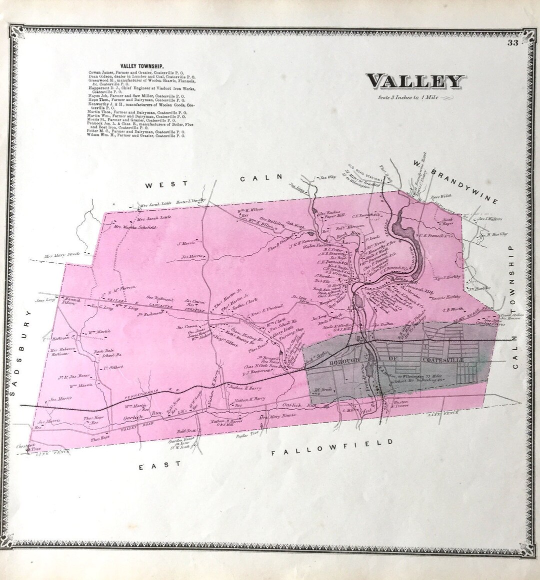Valley Township Map, Original 1873 Chester County, Pennsylvania Atlas