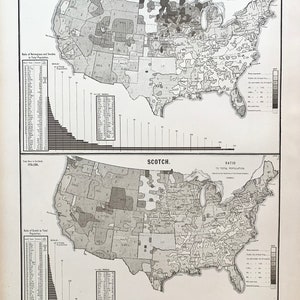 May include: A black and white map of the United States showing the distribution of Norwegians and Swedes, and Scots in the United States. The map is divided into states and shows the percentage of the population that is Norwegian, Swedish, or Scottish. The map is from the 1880s.