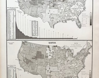 Antique Population Chart, Original 1883 Scribner Atlas, Immigration Chart, Norwegians, Swedes, Scottish