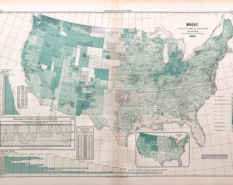 Antique Agriculture map, Original 1883 United States census Atlas, Wheat Production, Farming Chart