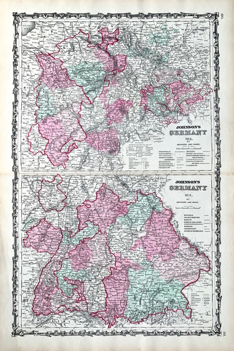 Germany Map, Antique Johnsons Map of Germany, Original 1863 Hand ...