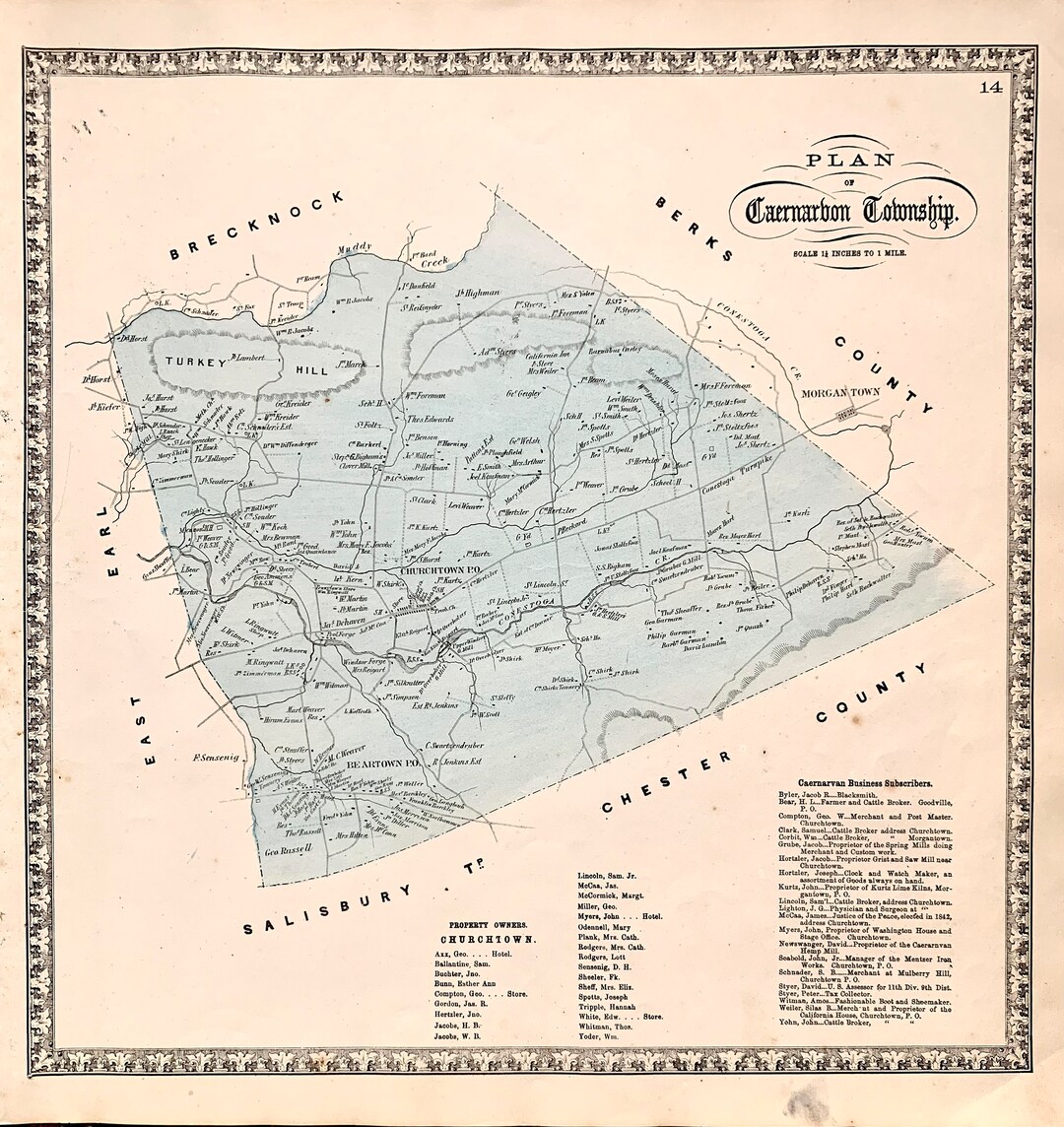 Caernarvon Township Map Original 1864 Lancaster County Atlas Etsy