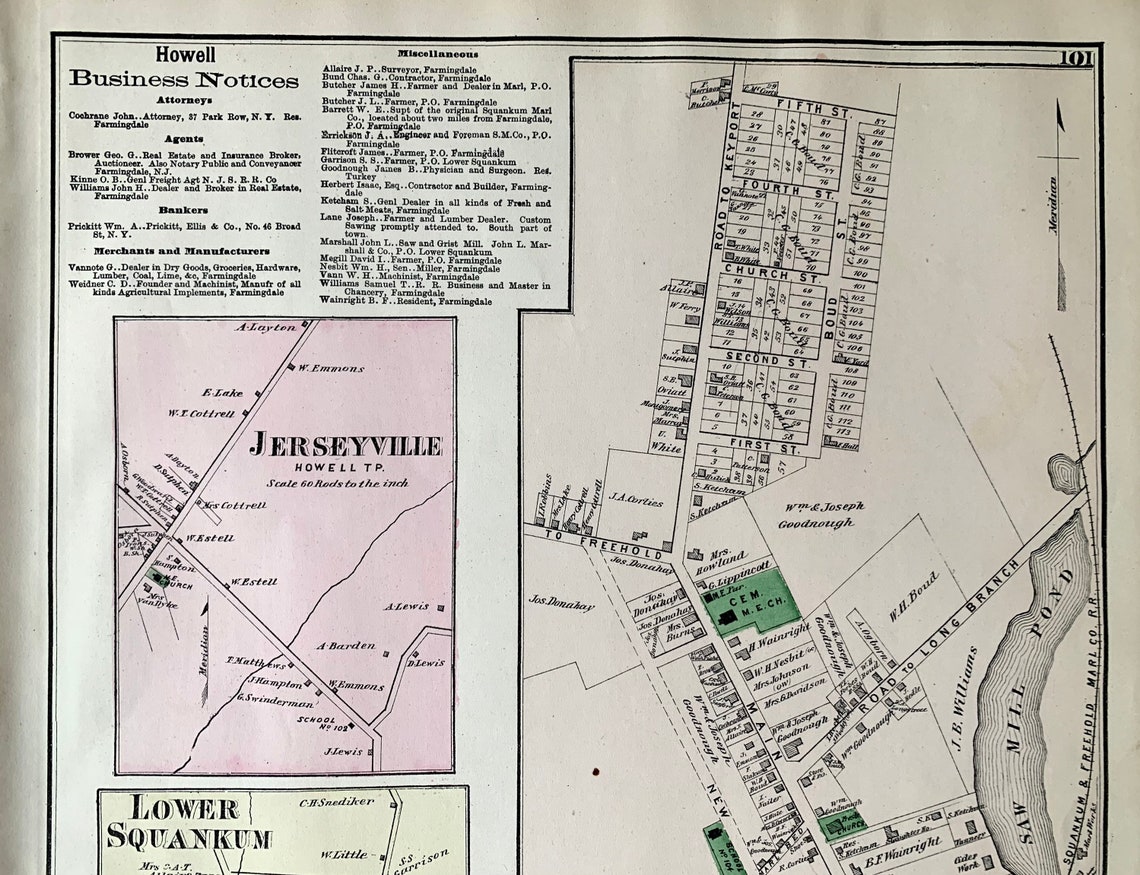 Farmingdale map Original 1873 Monmouth County New Jersey Etsy