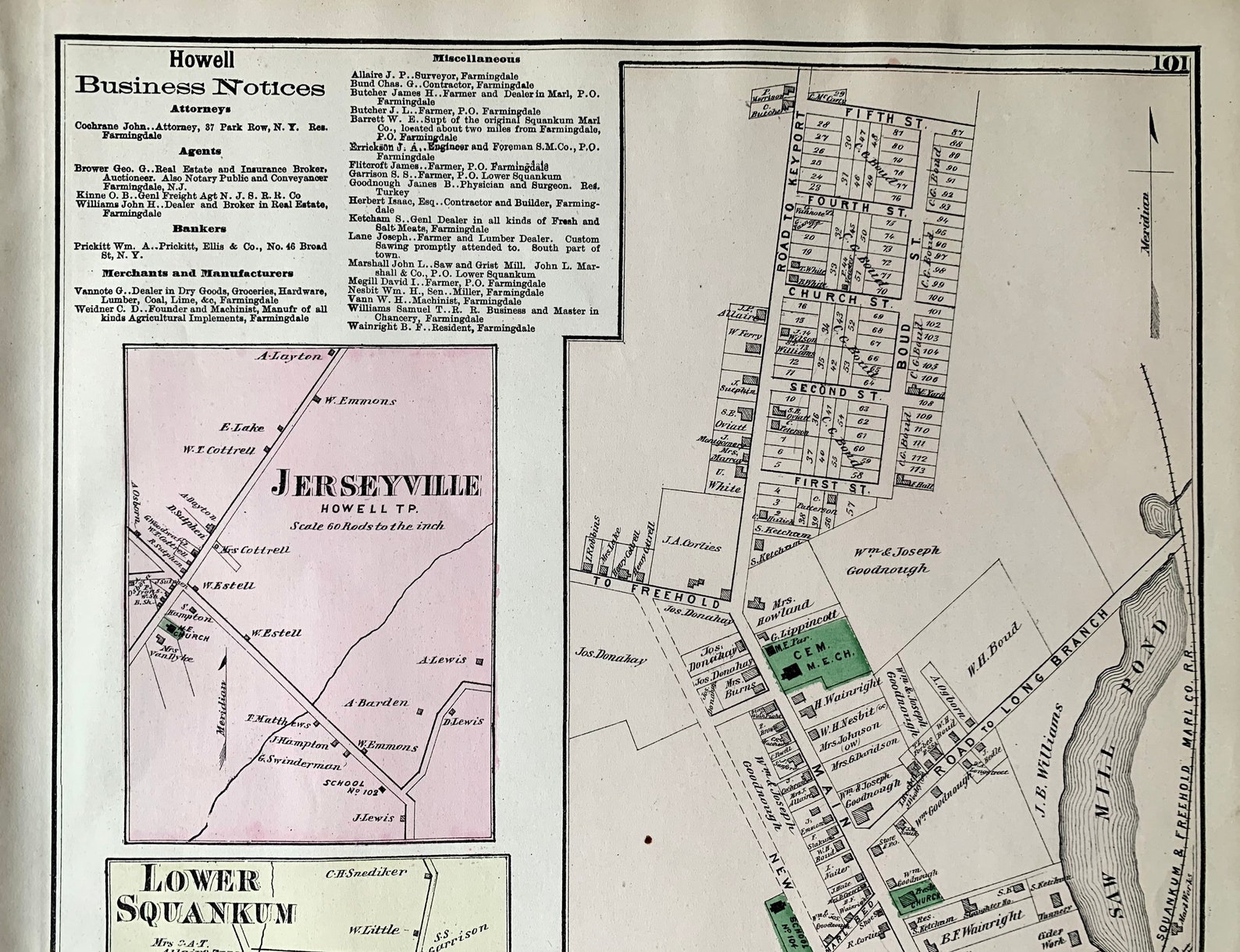 Farmingdale Map, Original 1873 Monmouth County, New Jersey Atlas, Squankum, Jerseyville Etsy